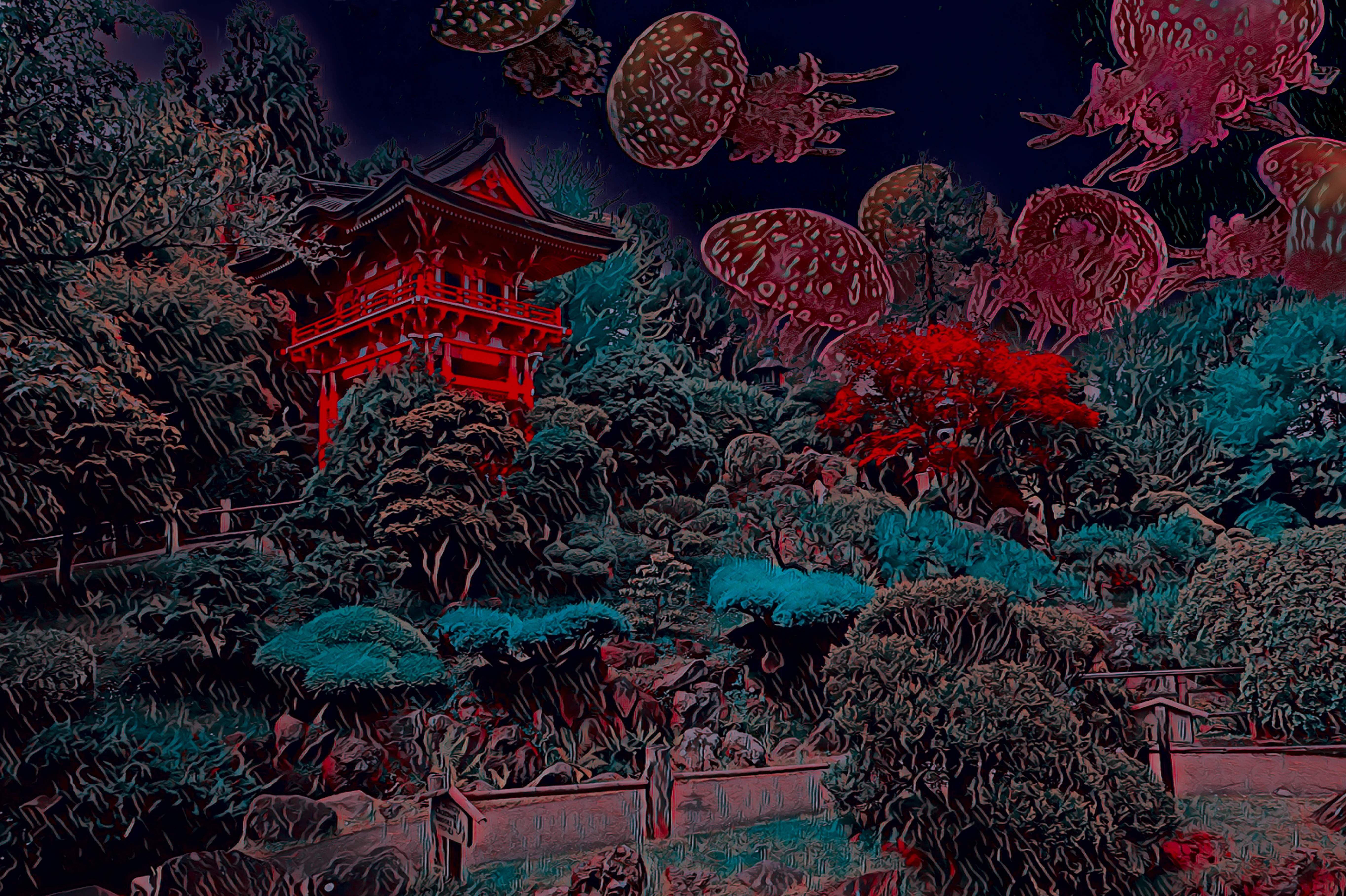 Digital painting: jellyfish drifting over a red pagoda garden at night