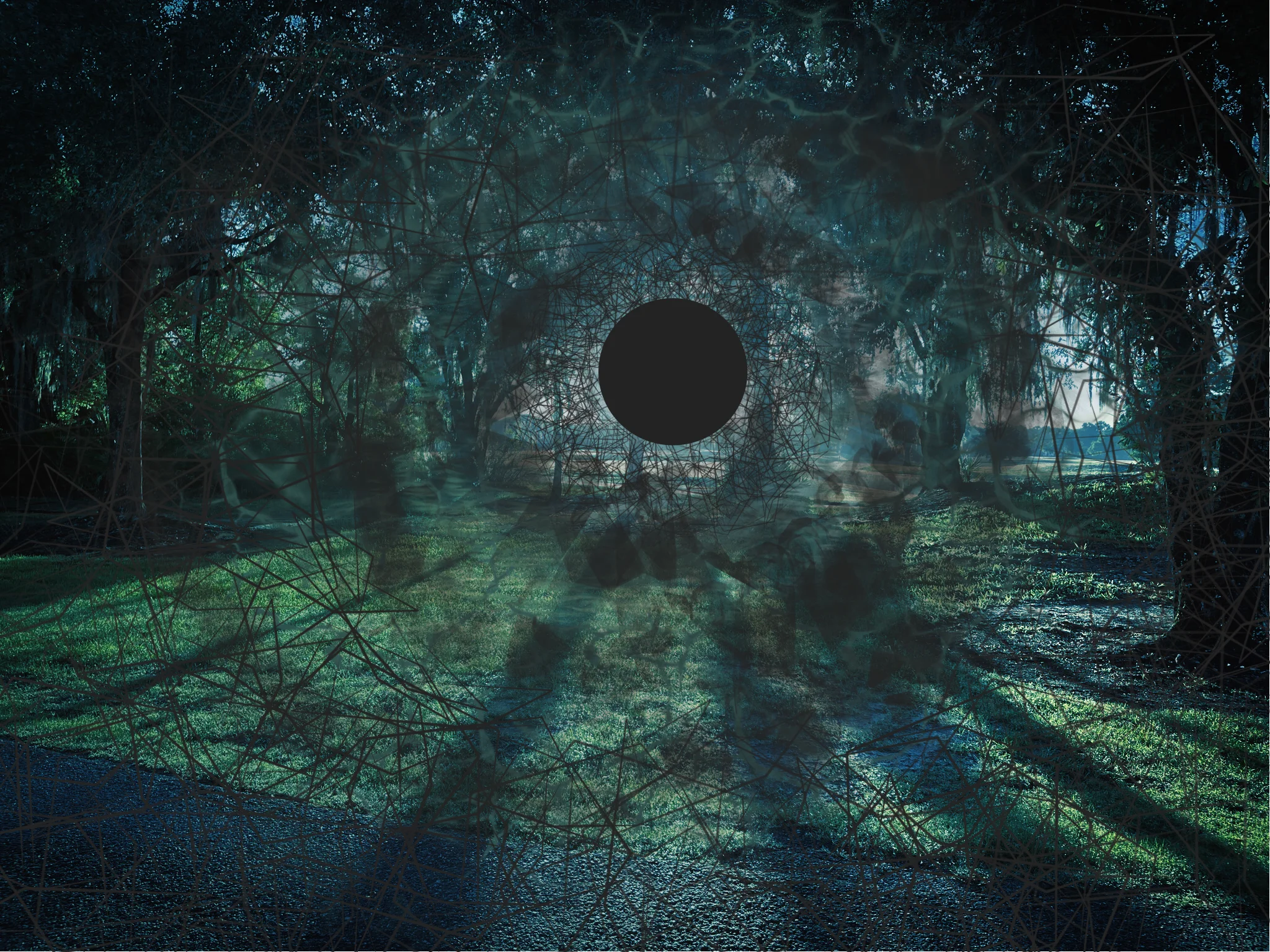 A black void hovering in a moonlit forest